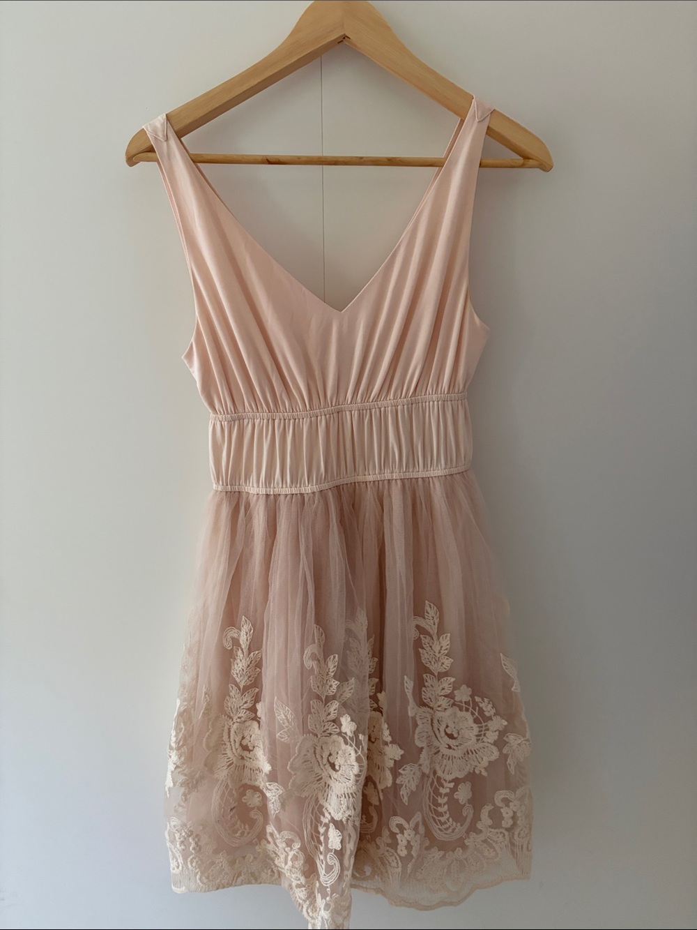Pinky Soft Blush V-Neck Tulle Dress with Lace